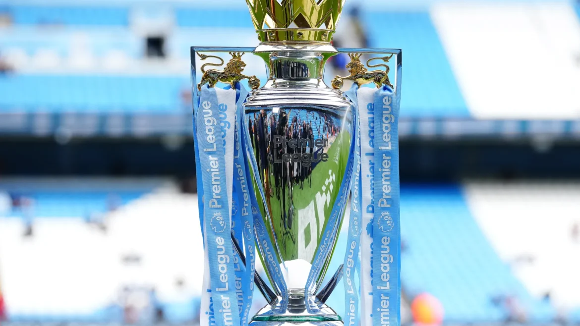 Premier League trophy displayed on a podium before a title celebration