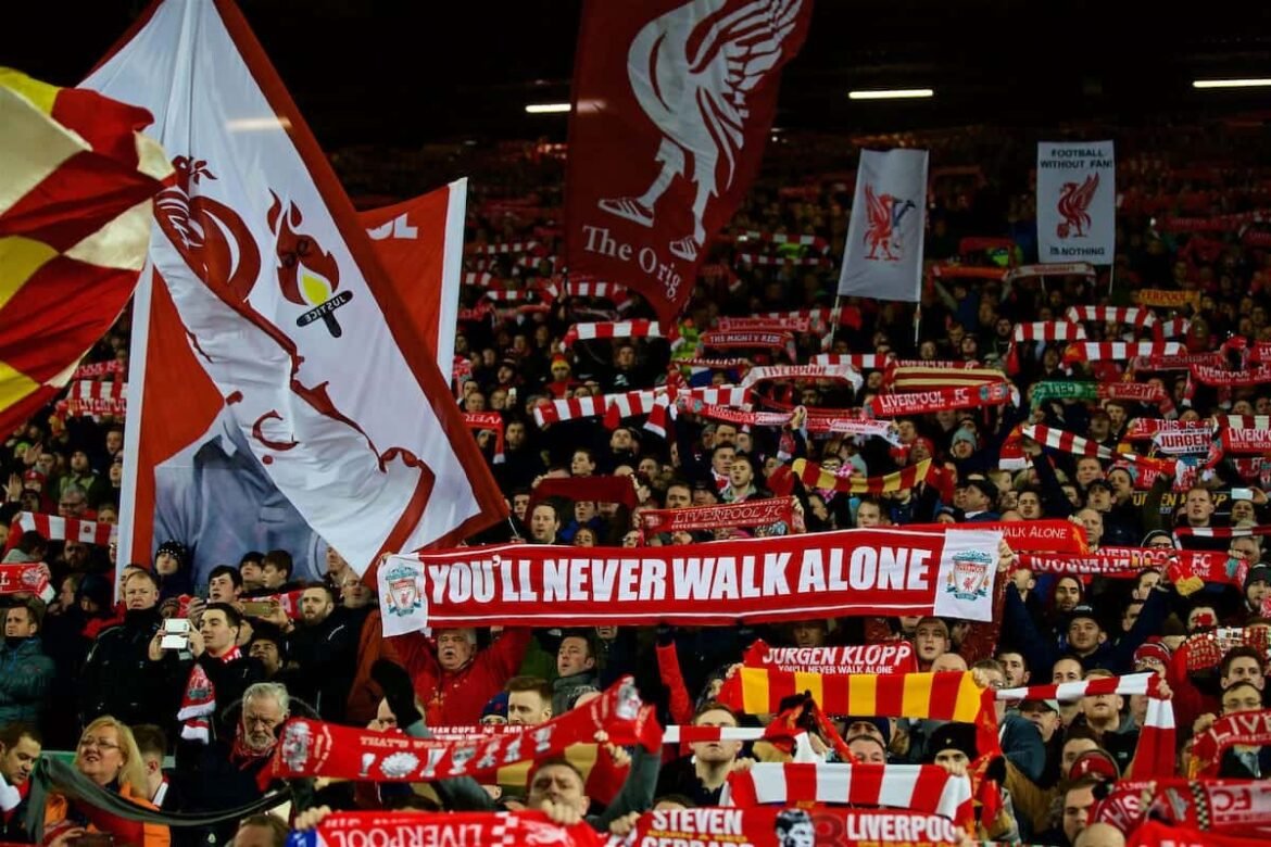 Liverpool anthem fans singing You'll Never Walk Alone before kick-off at Anfield
